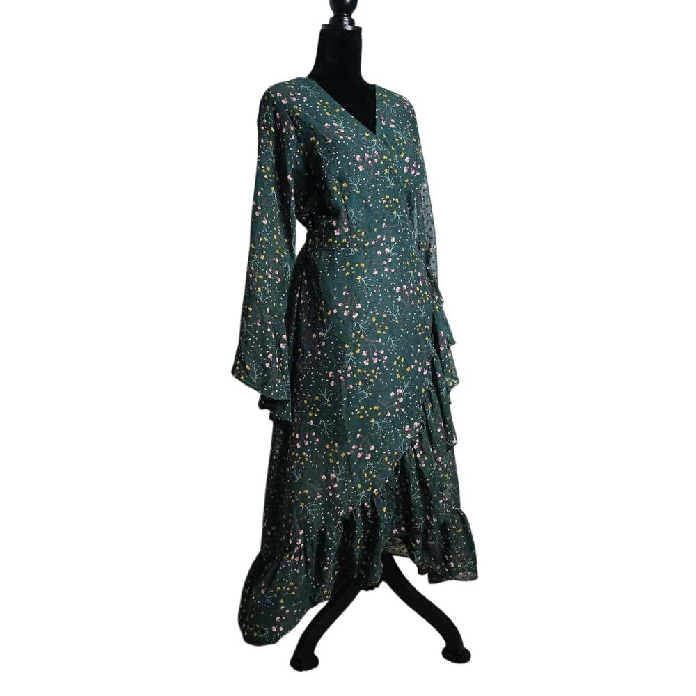 Wonderly XXL Green Floral Wrap Maxi Dress Bell Sleeve Boho Cottagecore
